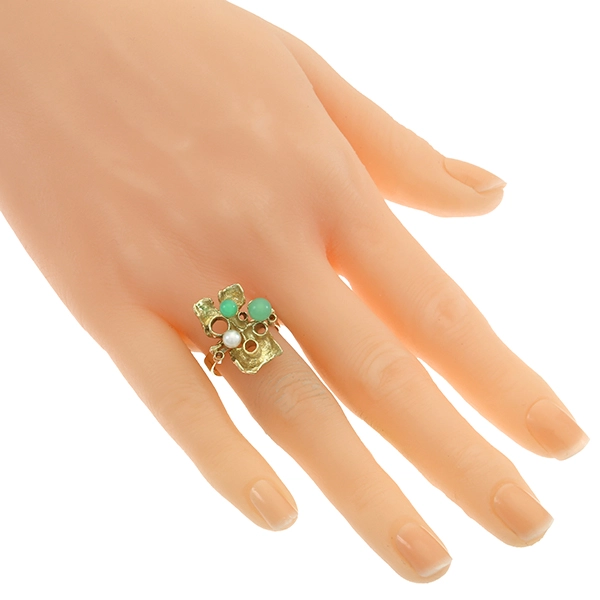 Ring, 14K, Gelbgold, Perle, Chrysopras