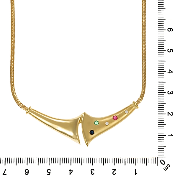 Collier, 14K, Gelbgold, Smaragd, Saphir, Rubin, Zirkonia
