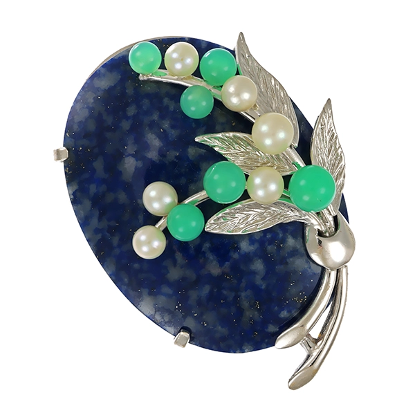 Brosche, 14K, Weißgold, Lapis, Perlen, Chrysoprase