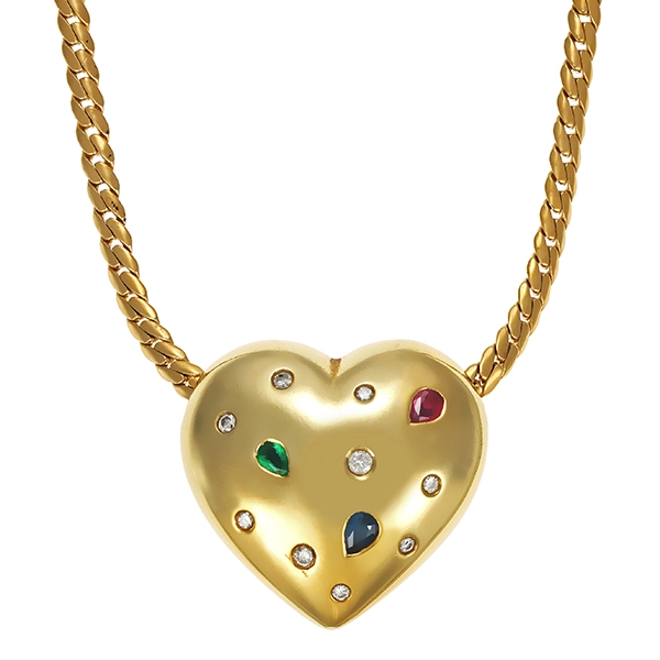 Collier, 14K, Gelbgold, Brillanten, Edelsteine, Herz