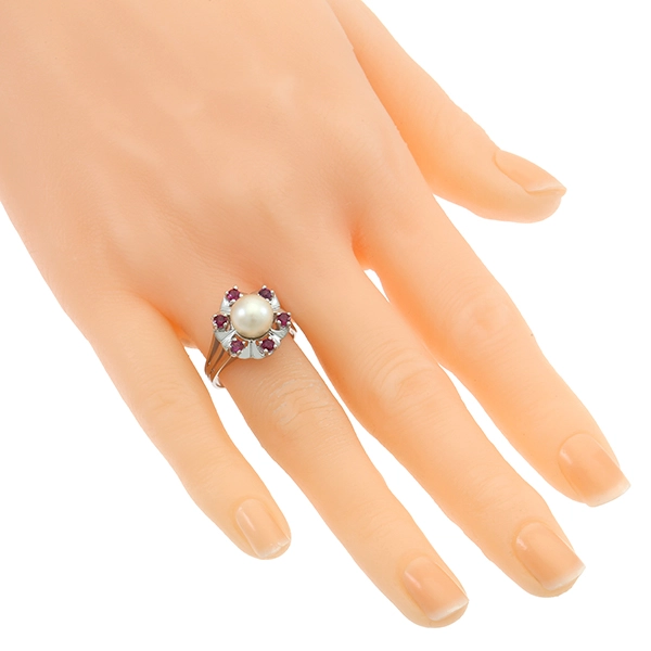 Ring, 14K, Weißgold, Perle, Rubine