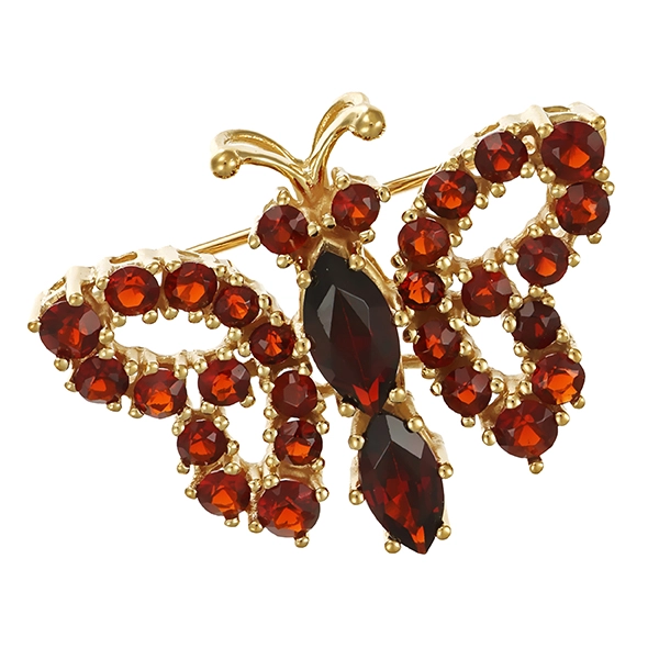 Brosche, 9K, Gelbgold, Granat, Schmetterling