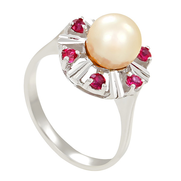 Ring, 14K, Weißgold, Perle, Rubine