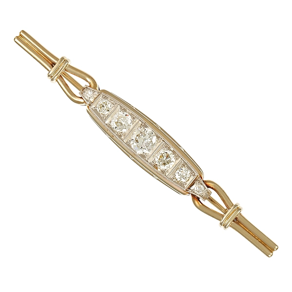 Brosche, 14K, Gelb-/Weißgold, Diamanten, Antikstil