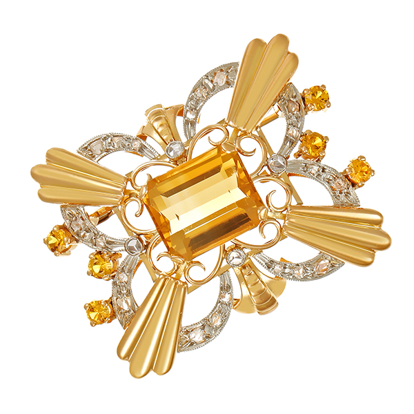 Brosche, 18K, Gelbgold, Citrin, Diamantrosen, Antikstil