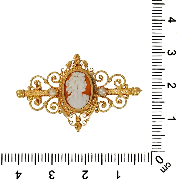 Brosche, 14K, Gelbgold, Anik, Gemme, Perlen