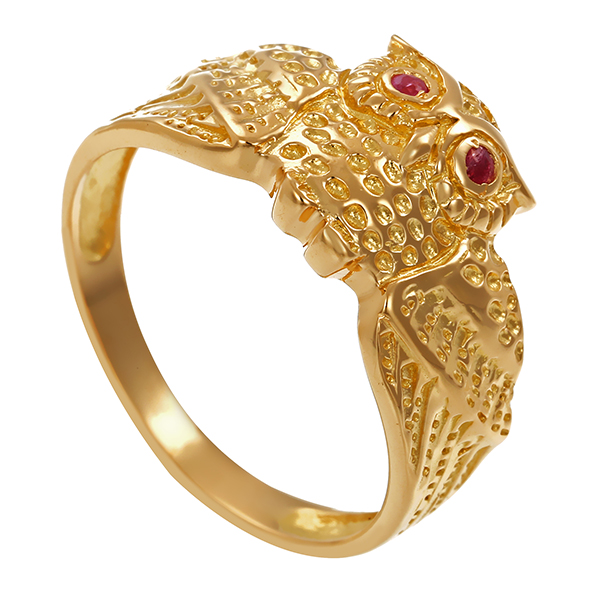 Ring, 18K, Gelbgold, Rubine, Eule
