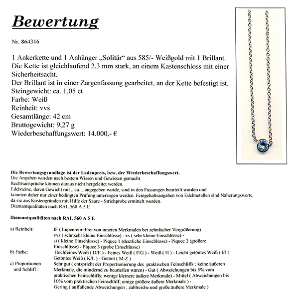 Collier, 14K, Weißgold, Brillant 1,05 ct