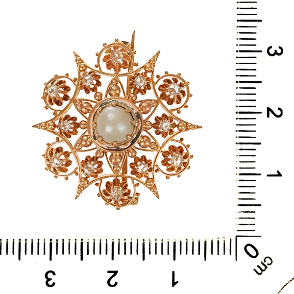Brosche, 14K, Rotgold, Perle, Diamantrosen