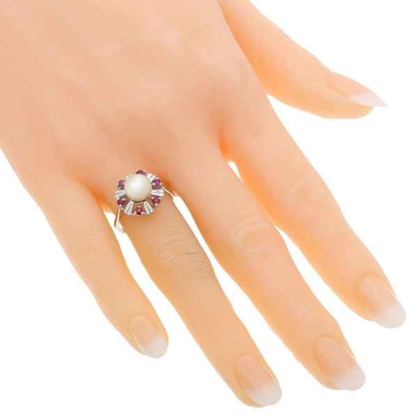 Ring, 14K, Weißgold, Perle, Rubine