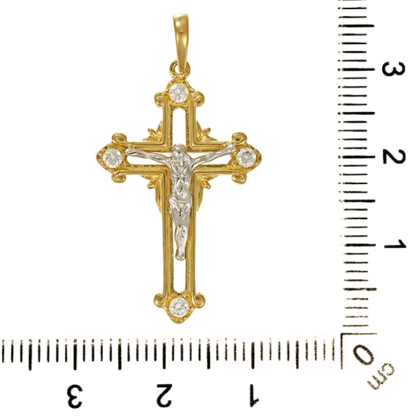 Anhänger, 14K, Gelb-/Weißgold, Zirkonia, Kruzifix, Kreuz