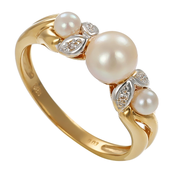Ring, 14K, Gelbgold, Perlen, Diamanten