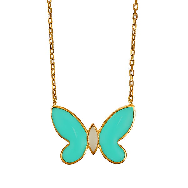 Collier, 14K, Gelbgold, Emaille, Schmetterling