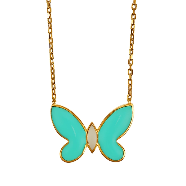 Collier, 14K, Gelbgold, Emaille, Schmetterling
