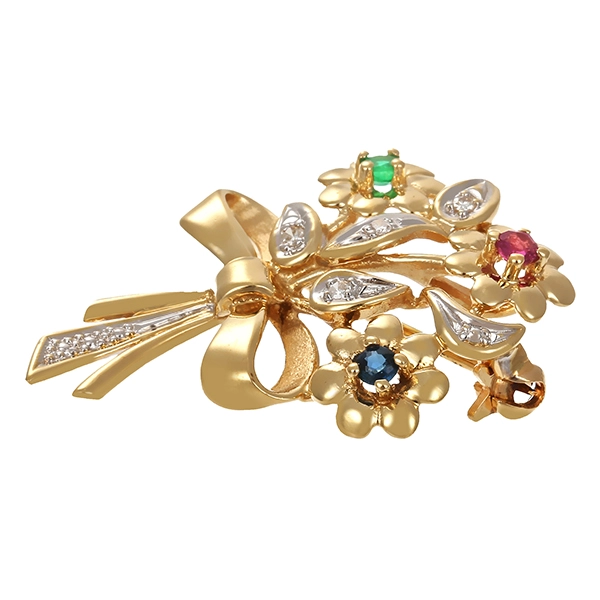 Brosche, 14K, Gelb-/Weißgold, Rubin, Saphir, Smaragd, Diamanten