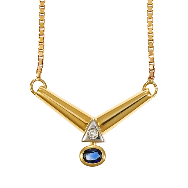 Collier, 14K, Weiß-/Gelbgold, Saphir, Brillant