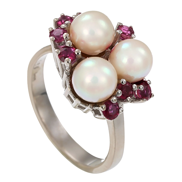 Ring, 14K, Weißgold, Rubine, Perlen