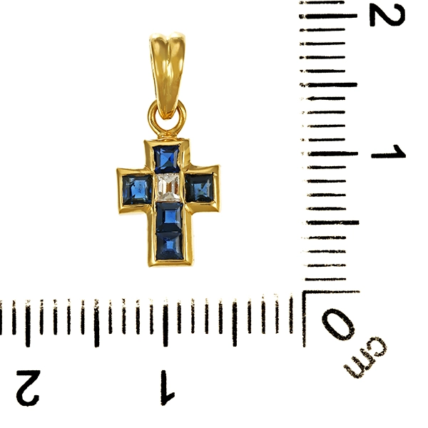Anhänger, 18K, Gelbgold, Saphir, Diamant, Kreuz