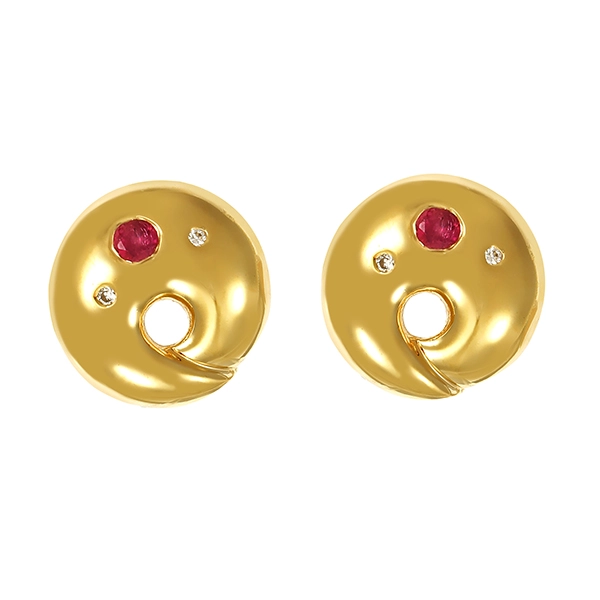 Ohstecker, 14K, Gelbgold, Rubine, Brillanten