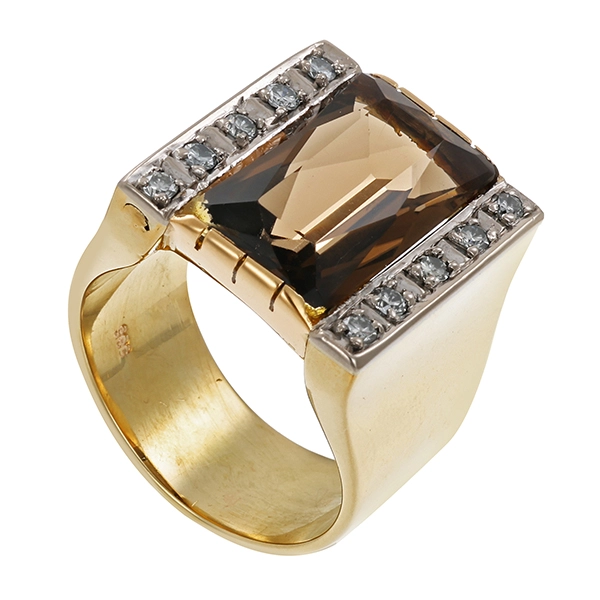 Herrenring, 14K, Gelb-/Weißgold, Rauchquarz, Brillanten, 0,30ct