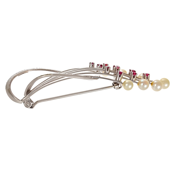 Brosche, 14K, Weißgold, Perle, Rubin