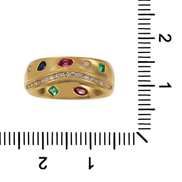 Ring, 18K, Gelbgold, Saphir, Smaragde, Rubine, Brillanen