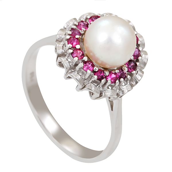 Ring, 18K, Weißgold, Perle, Rubine