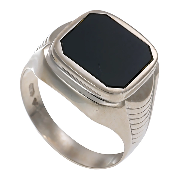 Herrenring, 14K, Weißgold, Onyx