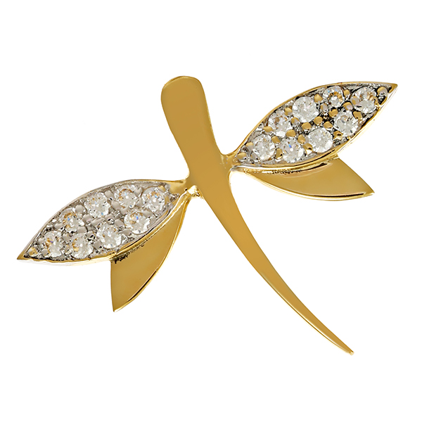 Anhänger, 14K, Gelb-/Weißgold, Zirkonia, Libelle