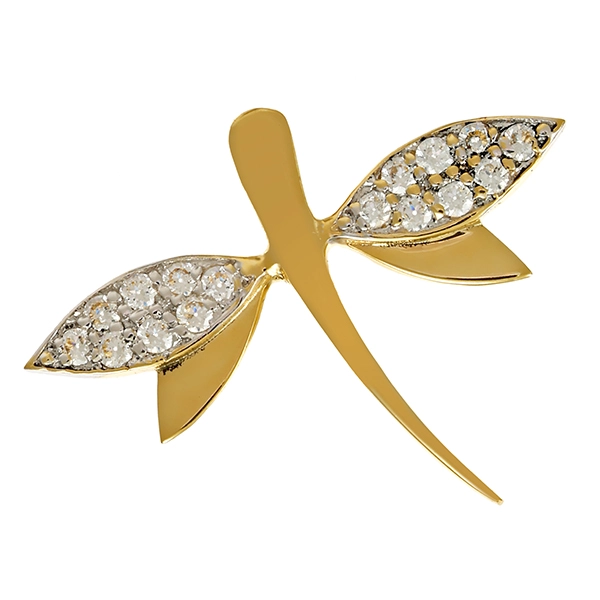 Anhänger, 14K, Gelb-/Weißgold, Zirkonia, Libelle