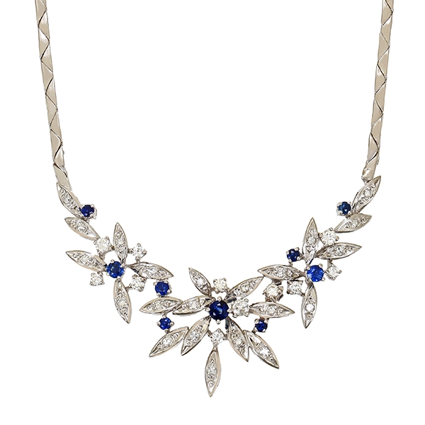 Collier, 14K, Weißgold, Brillanten, Saphir