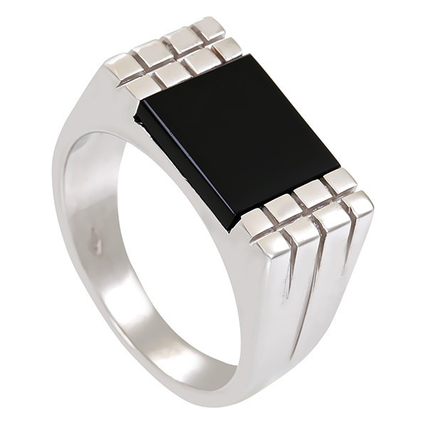 Herrenring, 18K, Weißgold, Onyx