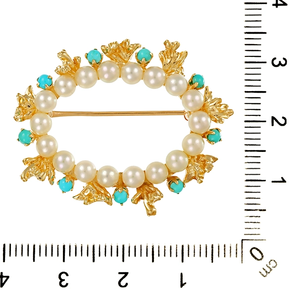 Brosche, 14K, Gelbgold, Perlen, Türkise
