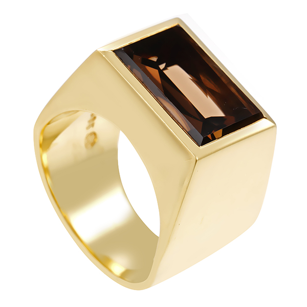 Herrenring, 14K, Gelbgold, Rauchquarz