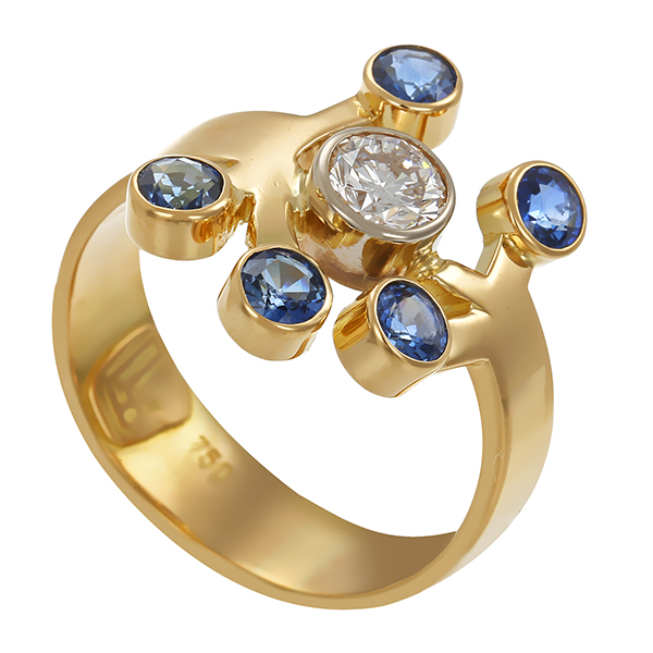 Ring, 18K, Gelbgold, Saphire, Brillant 0,45 ct