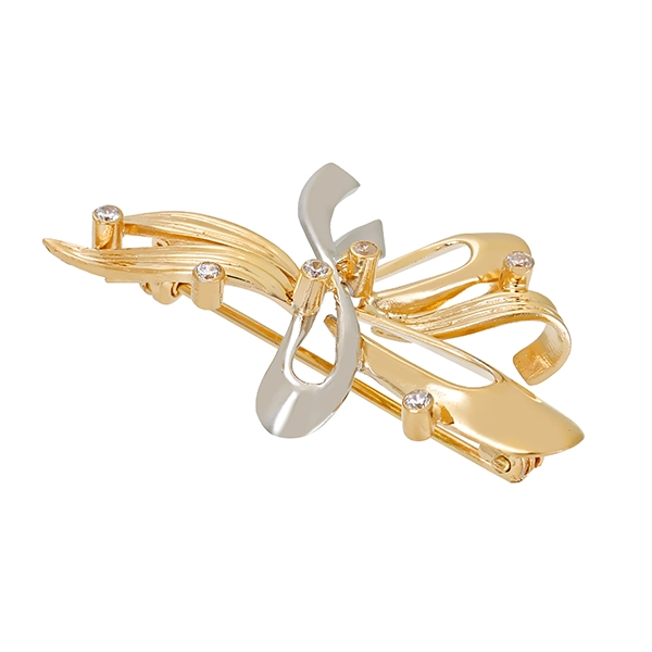 Brosche, 14K, Gelb-/Weißgold, Zirkonia