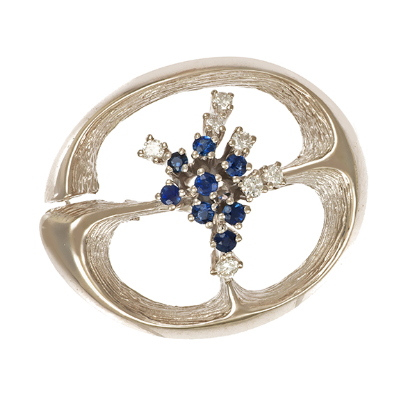 Brosche 14K, Weißgold, Saphir, Brillant