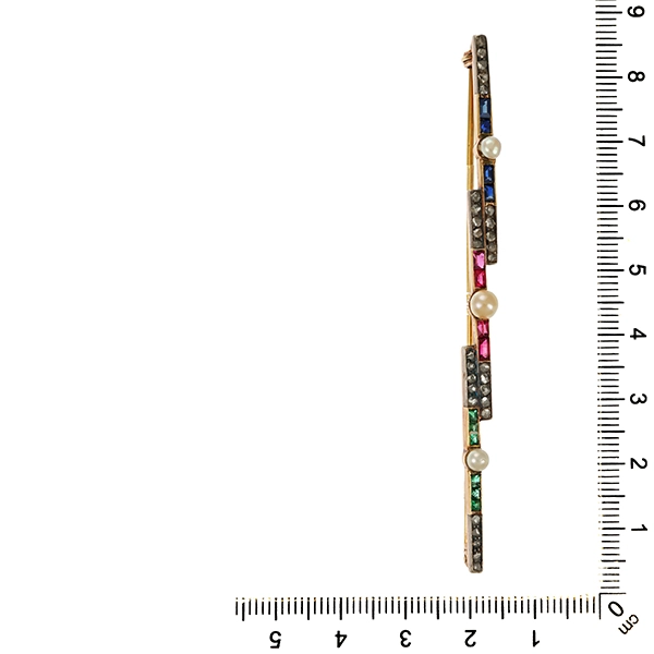 Brosche, 14K, Gelbgold, Diamantrosen, Rubin, Smaragd