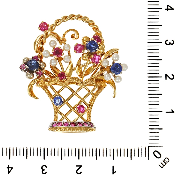 Brosche, 18K, Gelbgold, Perlen, Rubine, Saphire