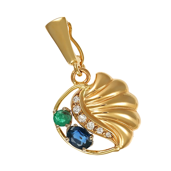 Anhänger, 14K, Gelbgold, 1 Saphir, 1 Smaragd, 6 Brillanten
