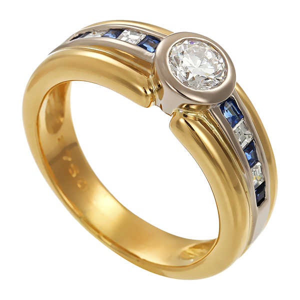 Ring, 18K, Gelb-/Weißgold, Brillant, Saphir, Diamanten