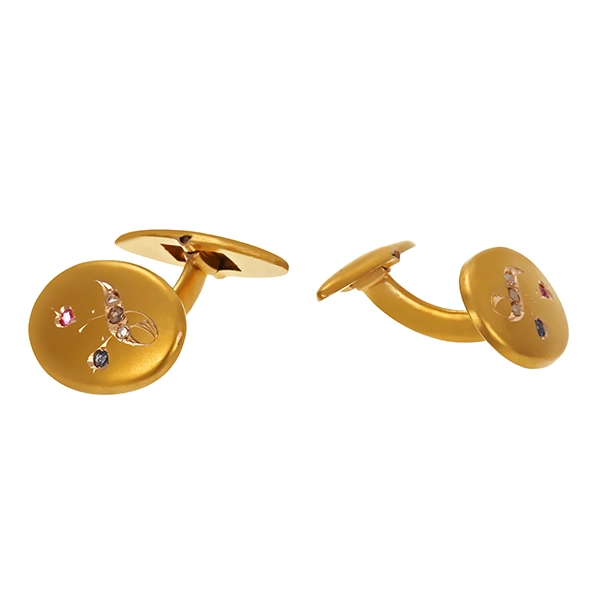Manschettenknöpfe, 14K, Gelbgold, Diamantrosen, synth. Korunde