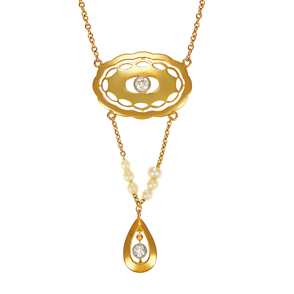 Collier, 14K, Gelb-/Weißgold, Perlen, Diamanten