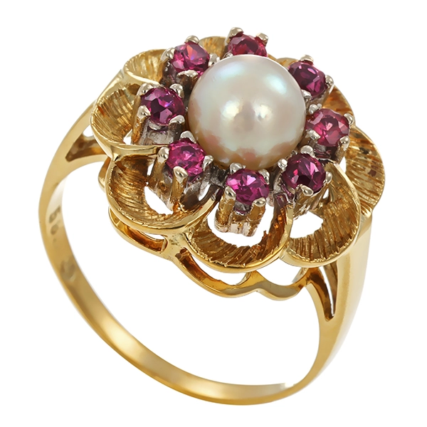Ring, 14K, Gelb-/Weißgold, Perle, Rubine