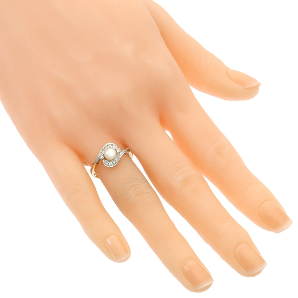 Ring, 14K, Gelb-/Weißgold, Perle, Brillanten 0,12 ct