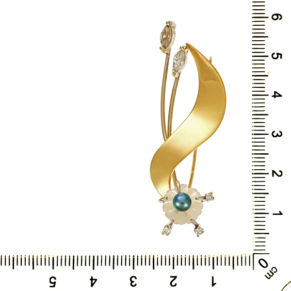 Brosche, 14K, Gelb-/Weißgold, Zirkonia, Perlmutt