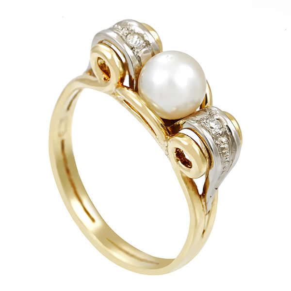 Ring, 14K, Gelb-/Weißgold, Perle, Diamanten