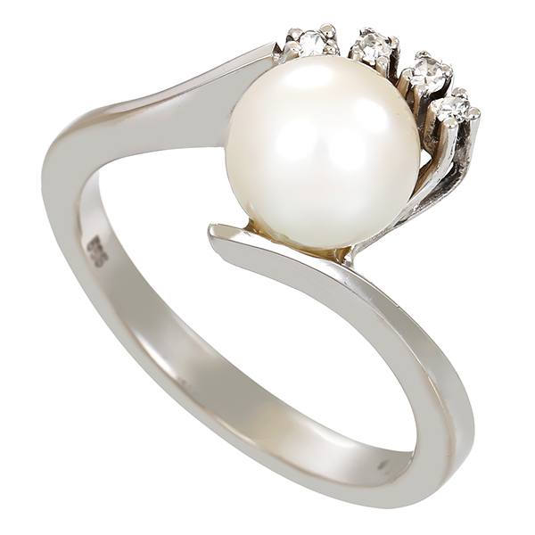 Ring, 14K, Weißgold, Perle, Diamant