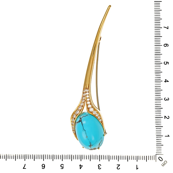 Brosche, 18K, Gelbgold, Türkis, Brillanten, Diamanten