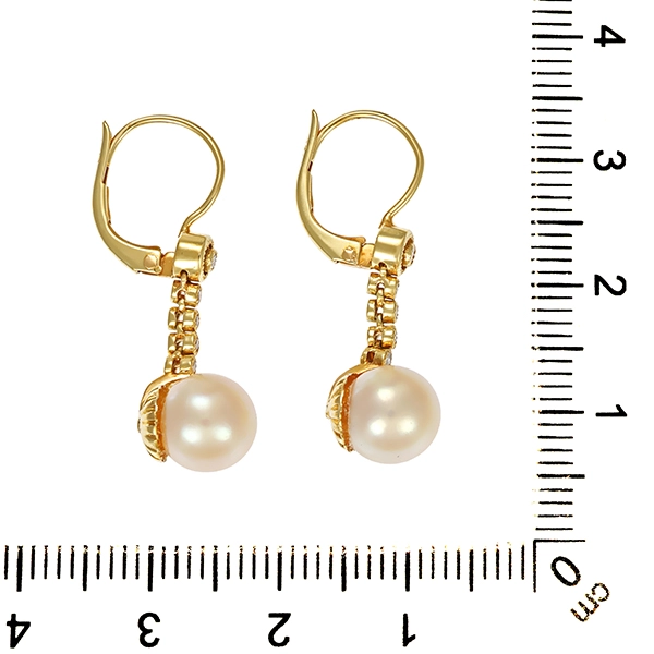 Ohrhänger, 14K, Gelbgold, Perle, Diamanten